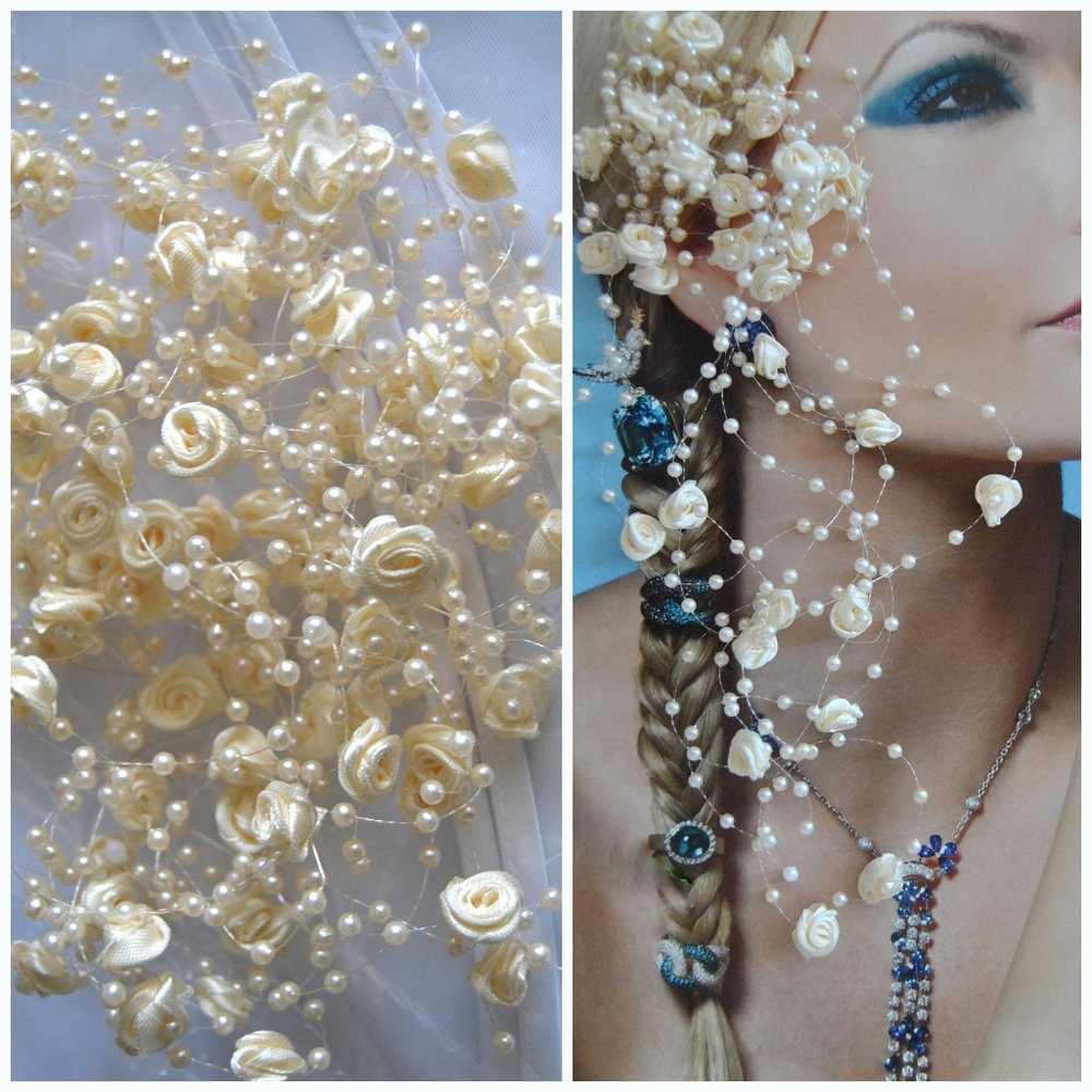 Bridal Satin Roses Beaded Hair Vine 4.5 yards